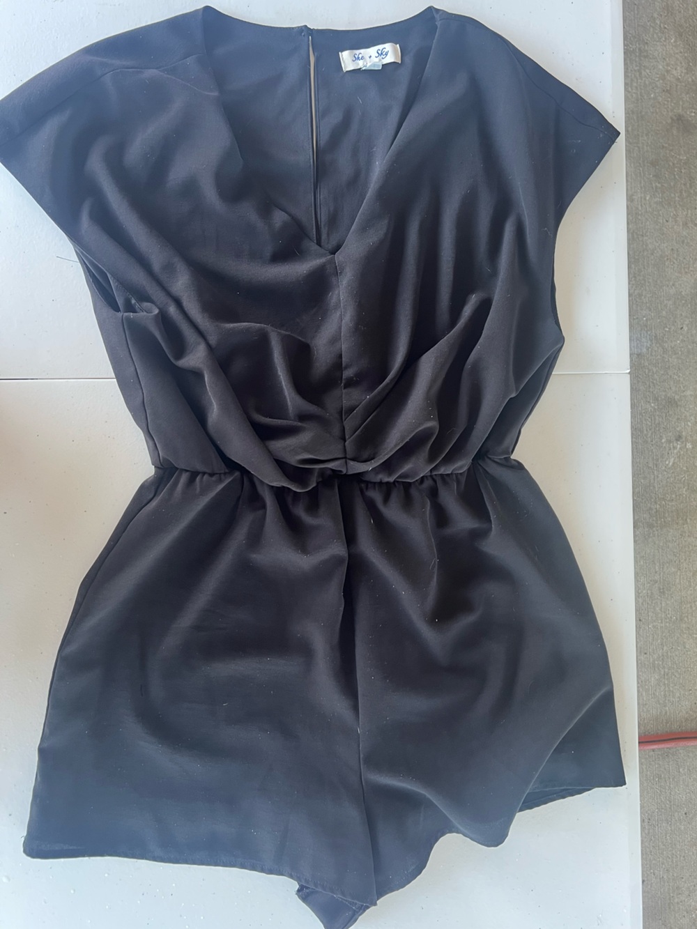 She + Sky Black Strapless Romper with Ruched Front